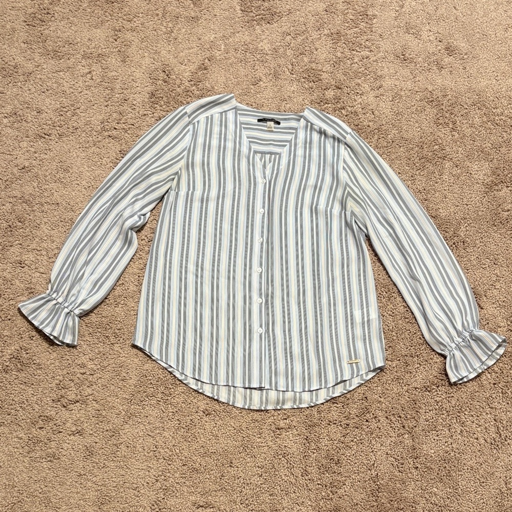 T Tahari Blue and White Striped Blouse
